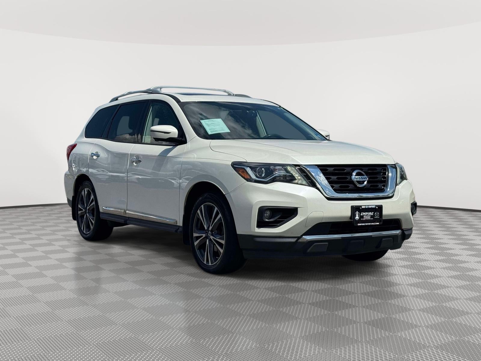 2018 Nissan Pathfinder Platinum in Pearl White — front three-quarter view